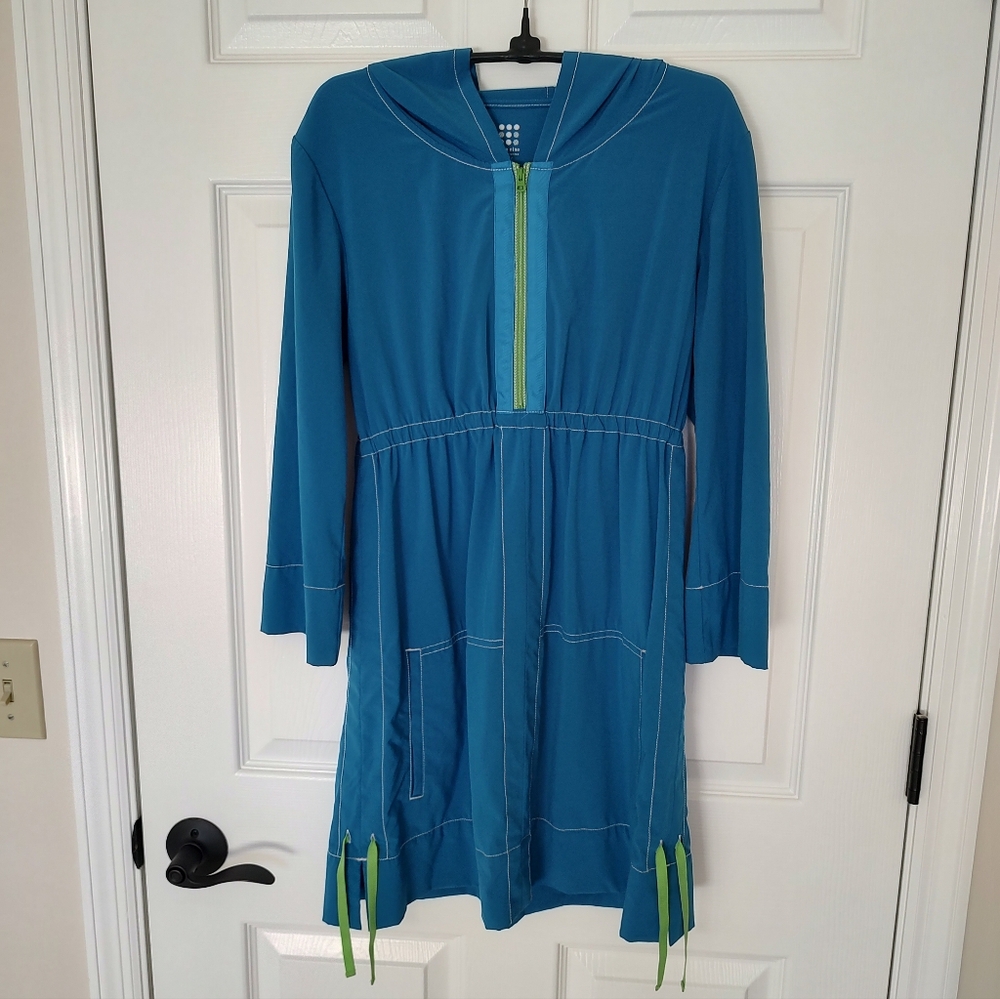 Title Nine Nimblene Sportswear Dress With Hoodie Blue And Neon Green Zip Small